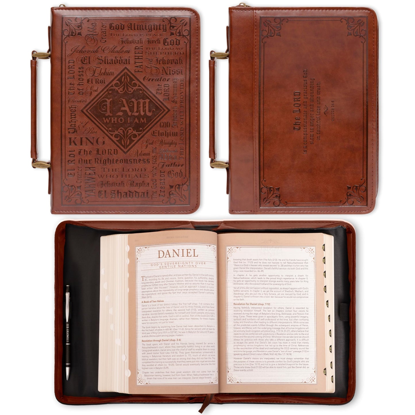 Christian Art Gifts Men's Classic Bible Cover Names of God Exodus 34:6, Brown Faux Leather
