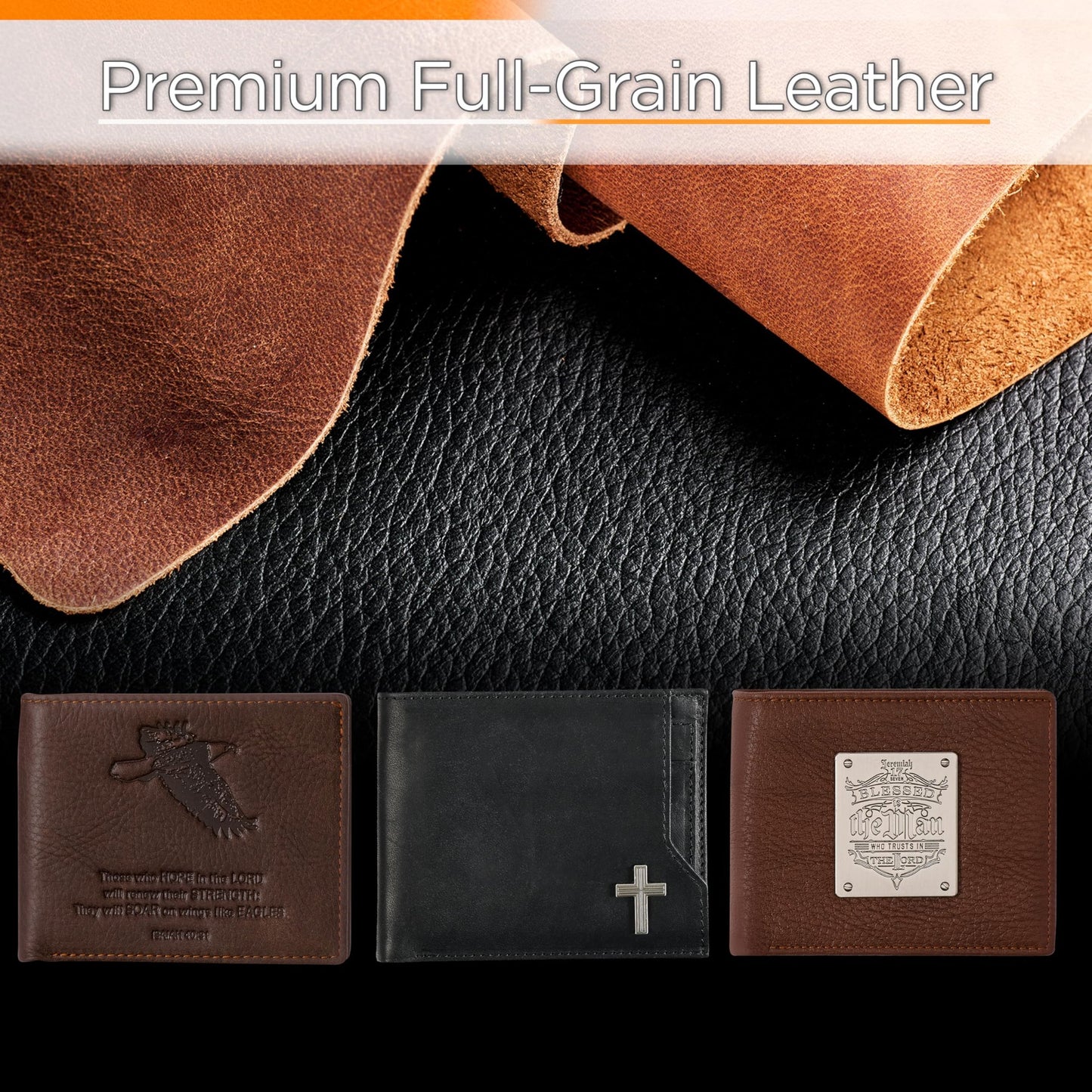 Christian Art Gifts Genuine Premium Full Grain Leather RFID Blocking Silver Engraved Cross Wallet for Men: Multi Pocket Billfold w/Removable ID Window Accessory for Credit Cards, Bills, Photos, Black