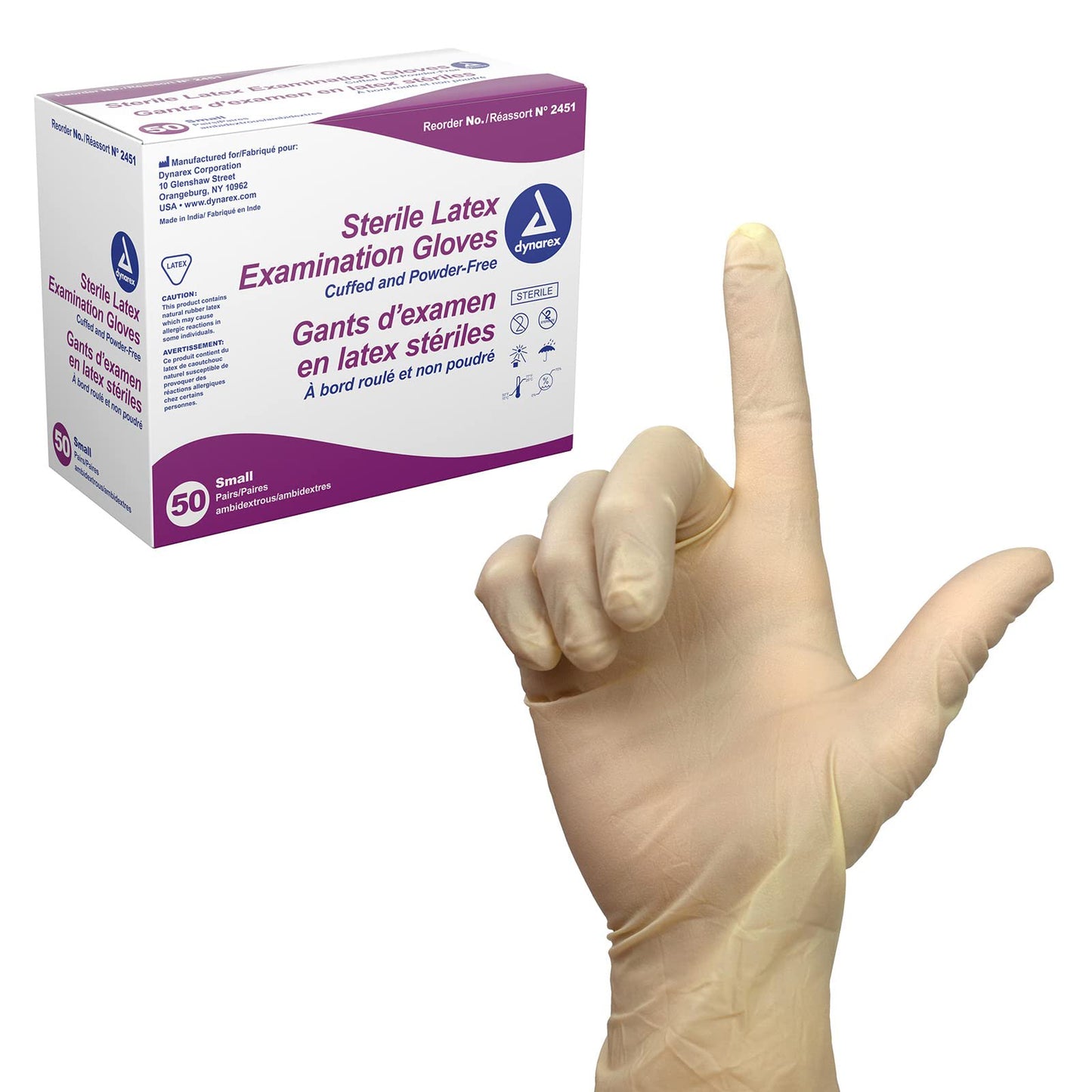 Dynarex Sterile Disposable Latex Exam Gloves, Powder-Free, Sterilely Packaged in Pairs, Medical and Healthcare Use, Bisque, Small, 1 Box of 50 Pairs