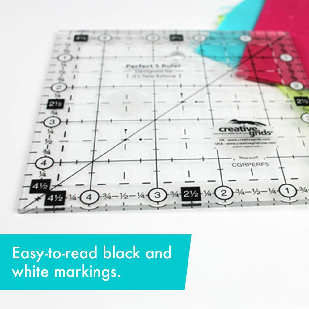 Creative Grids Perfect 5 Quilting Ruler 5in x 5in Square – CGRPERF5 – Made in USA, 5in x 5in, Non-Slip Grip Acrylic Quilting, Sewing, Crafting, Patchwork Ruler for Measuring & Cutting Fabric