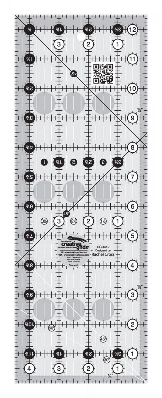 Creative Grids Quilt Ruler 4-1/2in x 12-1/2in Rectangle – CGR412 – Made in USA, Non-Slip Grip Acrylic Quilting, Sewing, Crafting, Patchwork Ruler for Measuring & Cutting Fabric
