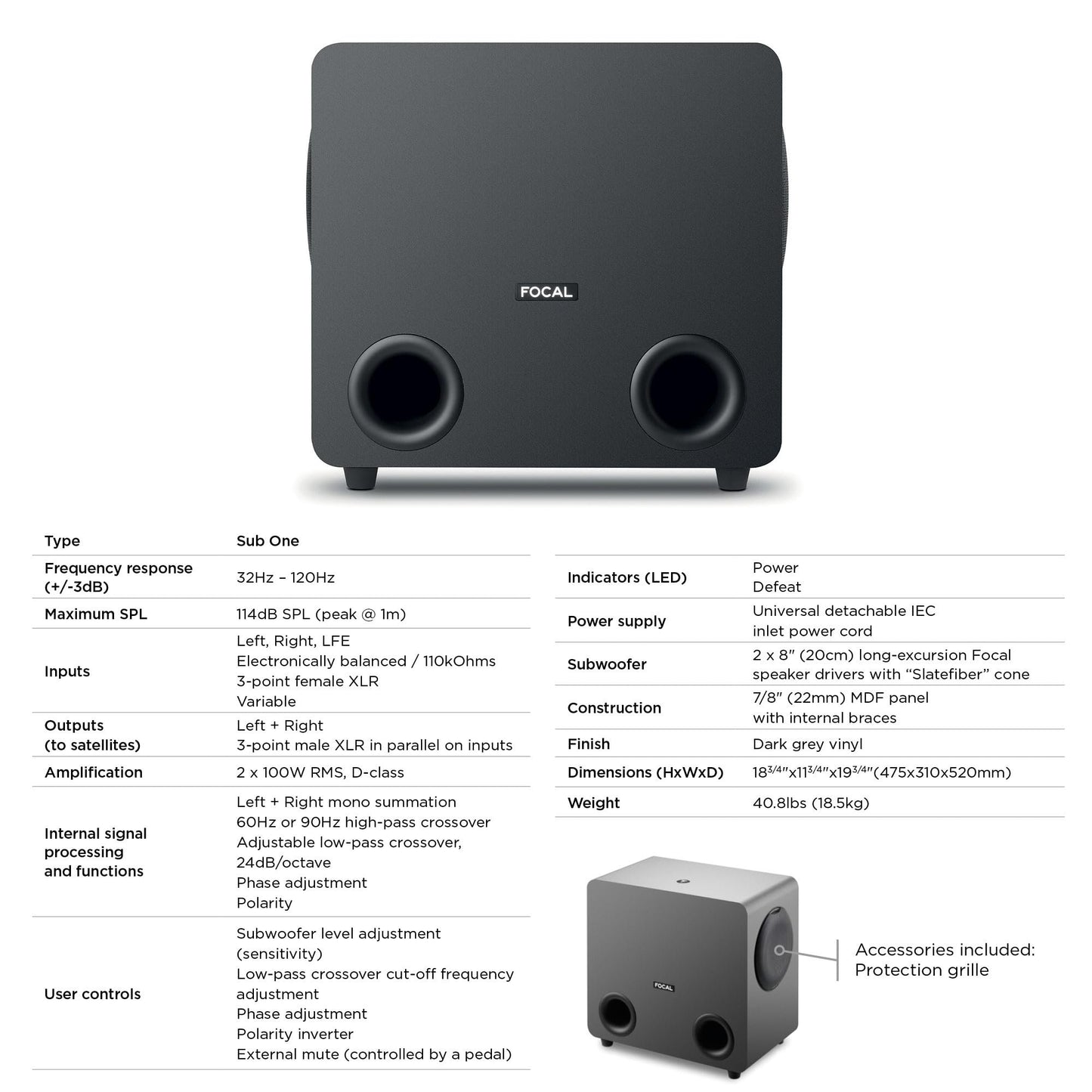 Focal Sub One – Dual 8" Active Studio Subwoofer, 200W RMS, Slatefiber Drivers, 32Hz–120Hz, Professional Bass Management for Mixing & Mastering