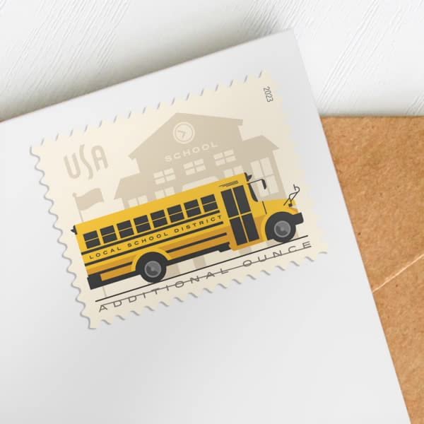 School Bus Additional Ounce USPS Postage Stamps 1 Sheet of 20 Students Children Teachers Celebration Party Announcement (20 Stamps)