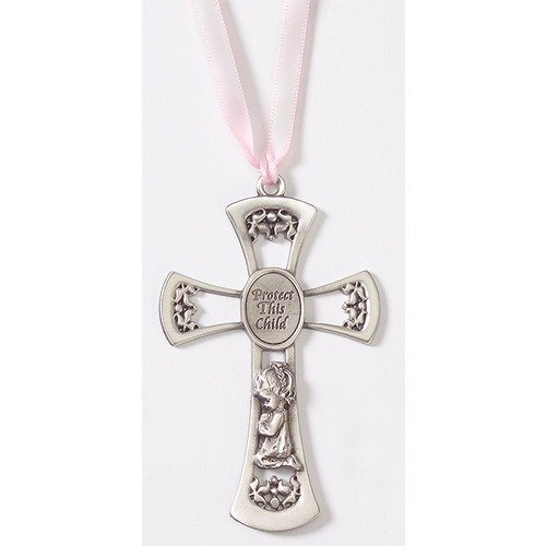 McVan, Inc. 3.75" Pewter Cross with Ribbon - Girl Pink Crib Cross