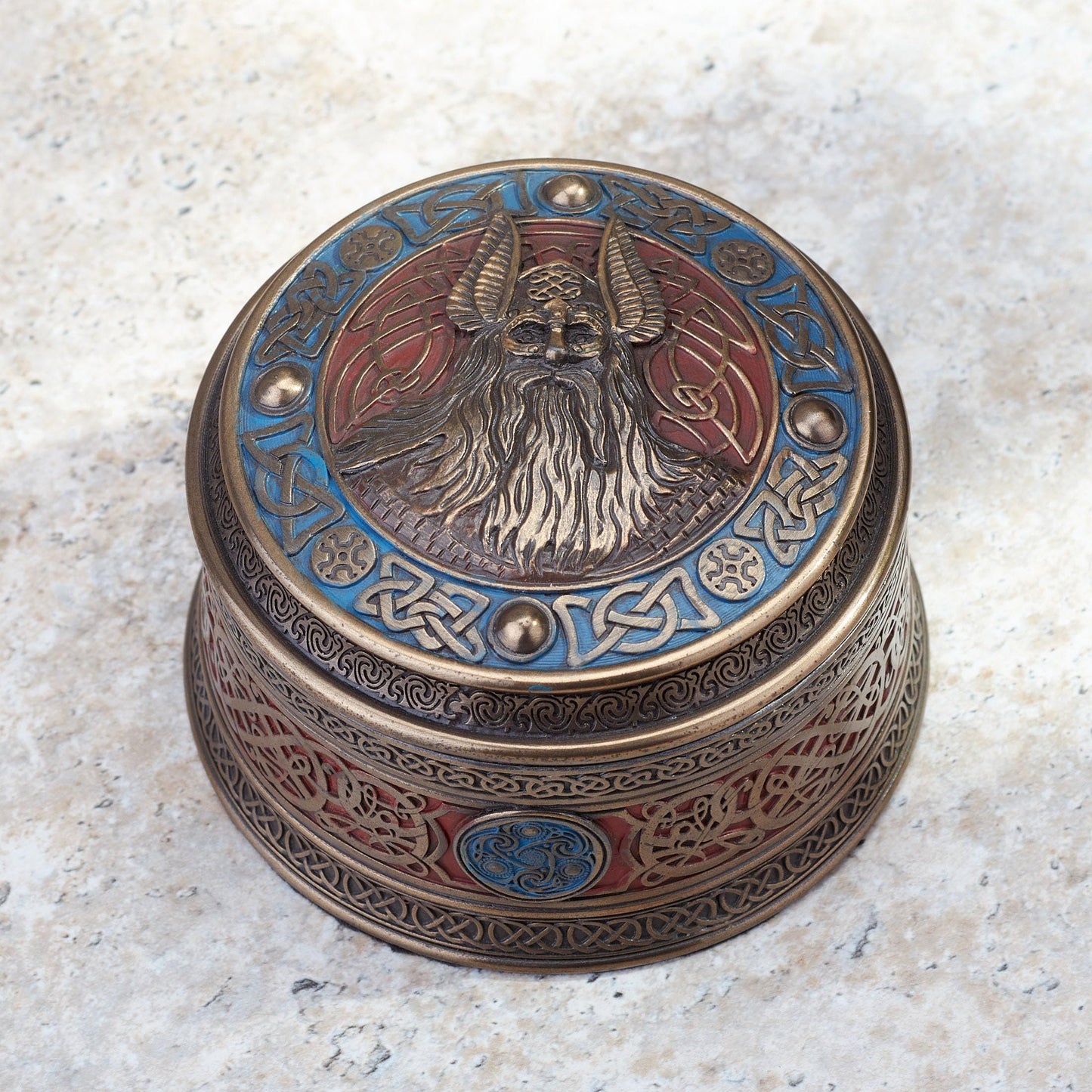 Veronese Norse God Odin Viking Round Stash Box Cold Cast Resin Bronze Finish Sculpture