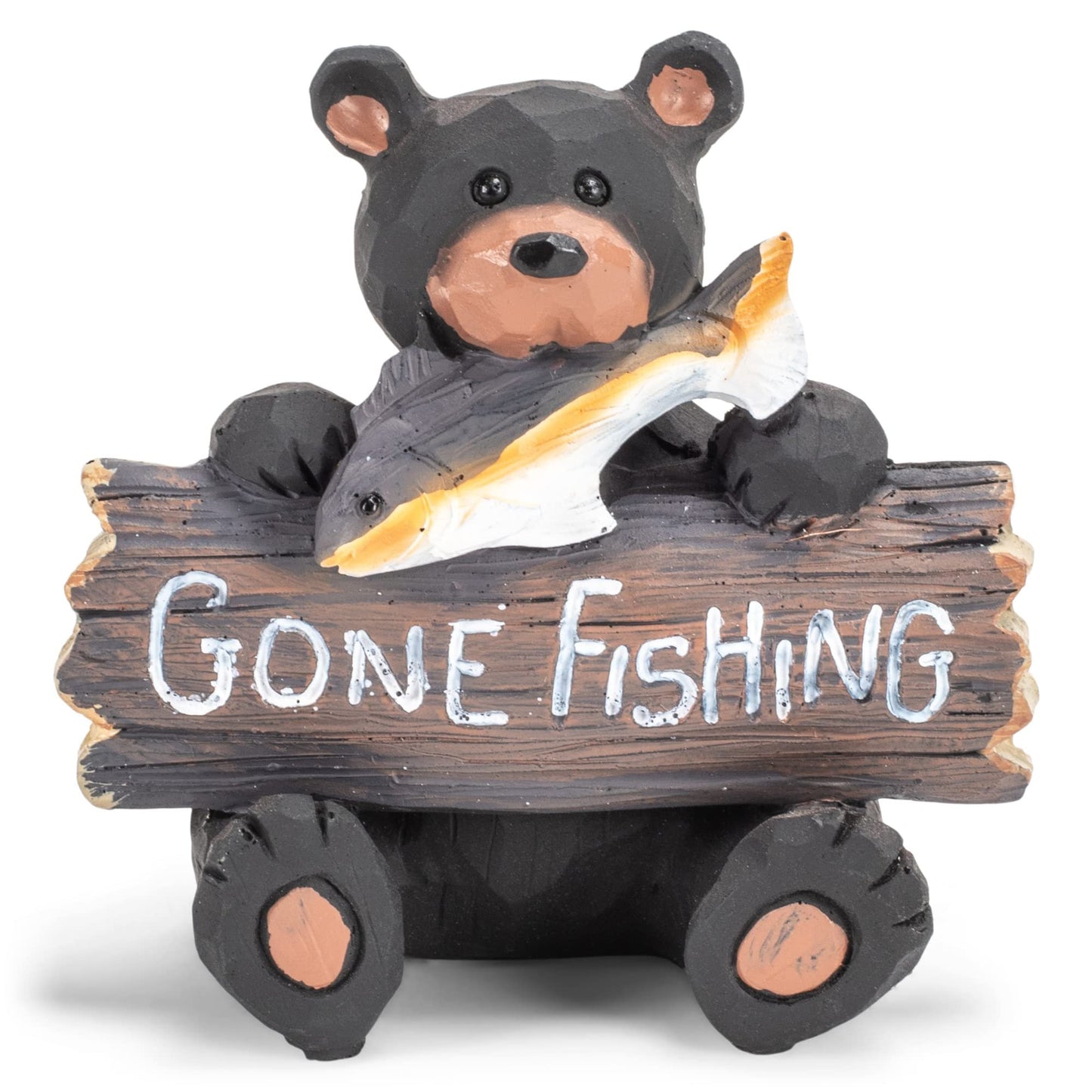 Bear with Gone Fishing Sign Natural Black 4 x 4 Resin Stone Figurine