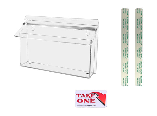 Marketing Holders Outdoor Brochure Holder Holds 11" x 4" Horizontal Trifolds Clear Acrylic Wall Mount Rack Card Box with Lid Includes Take One Sticker and Adhesive Strips
