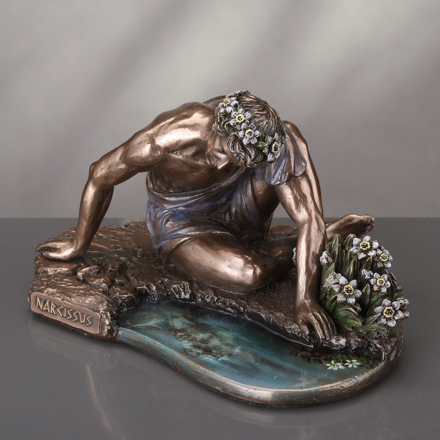 Veronese Design 6 3/4 Inch Narcissus and his Reflection Cold Cast Resin Bronze Finish Sculpture