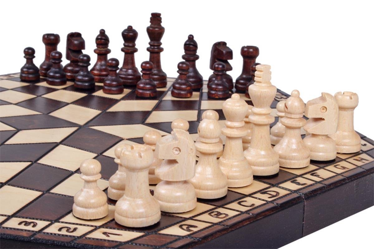 Medium 3 Player Chess Set - 40cm Hexagonal Board with Edge Numbers, Brown, White and red Pieces