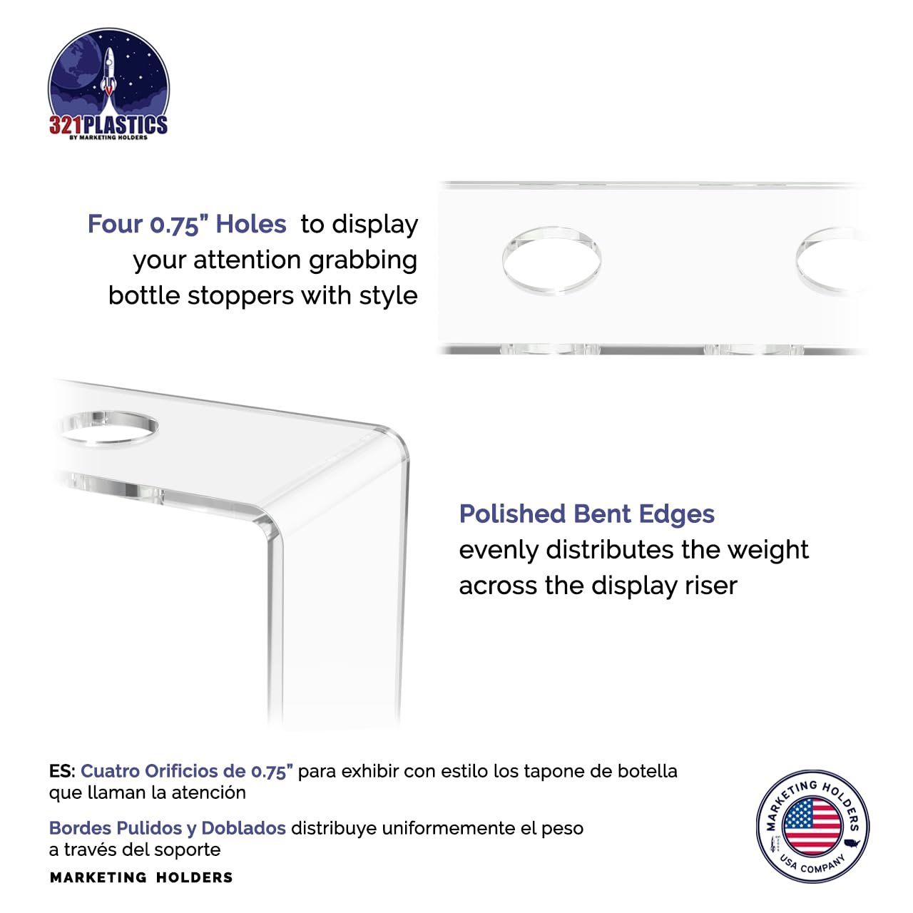 Marketing Holders 2 Pack Acrylic Wine Bottle Stopper Display Clear 4 Slot 9.75 Inch Wide by 2 Inch Deep Bar Organizing Riser with .75 Holes Countertop Pedestal Stand