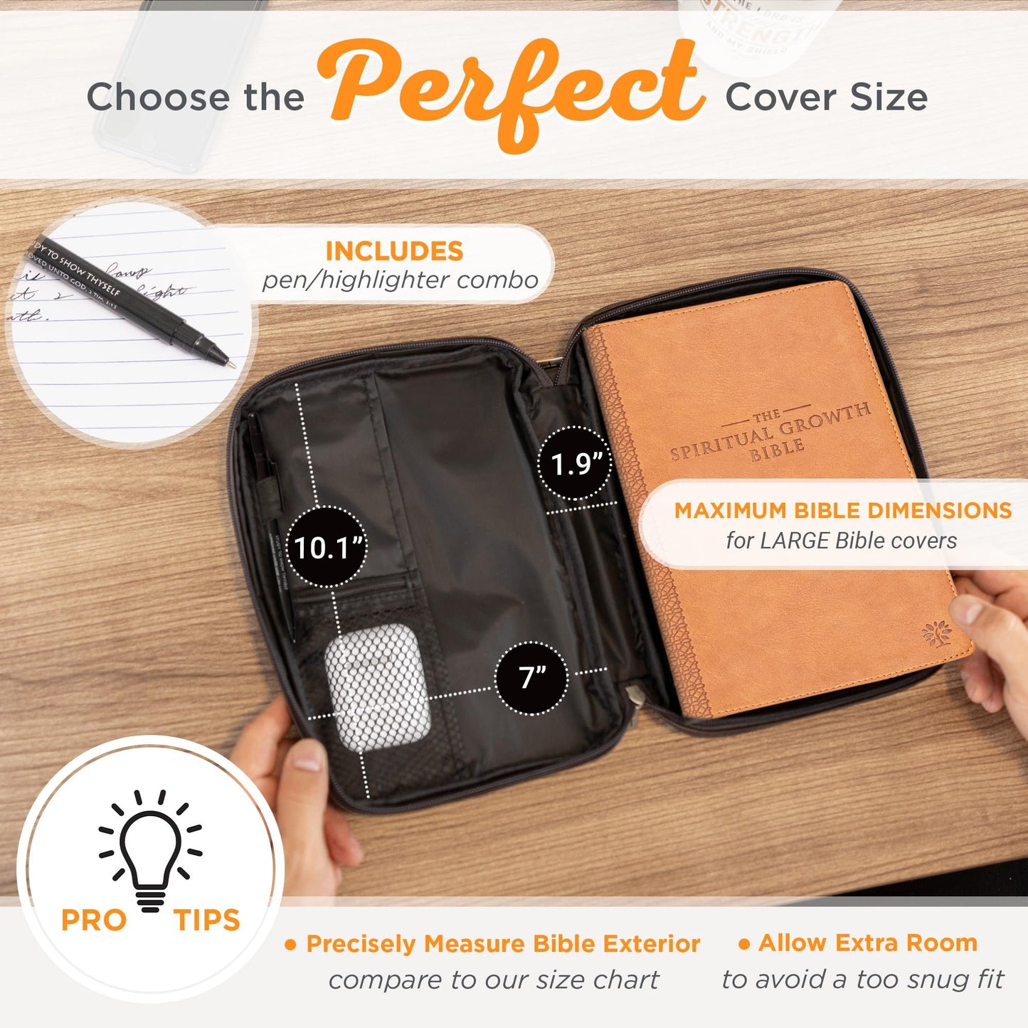 Christian Art Gifts Brown Faux Leather Bible Cover for Men and Women | Ichthus Jesus Fish Emblem Zippered Two-Fold Organizer Case for Bible or Book w/Handle Small Thinline