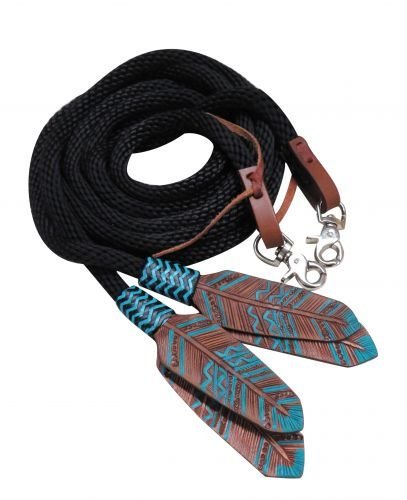 Showman 8' Round Braided Nylon Split Reins w/Teal Painted Feather Poppers