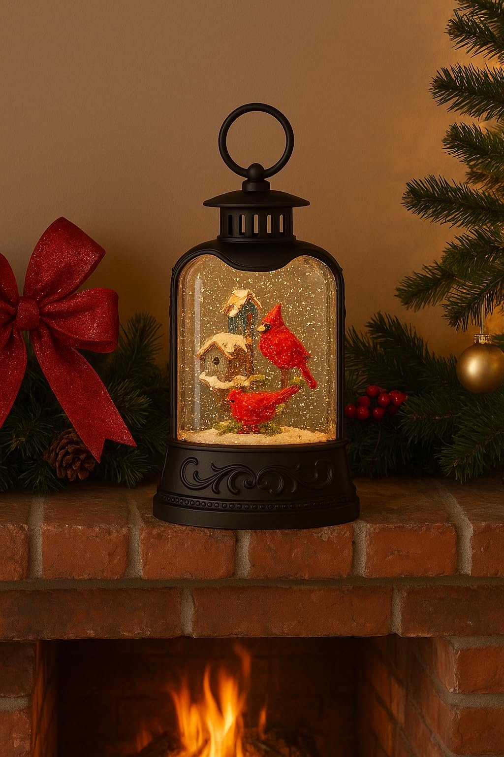 RAZ Imports 8" Cardinal and Birdhouse Lighted Water Lantern with Swirling Glitter, Holiday Tabletop Decoration, Battery or USB Powered