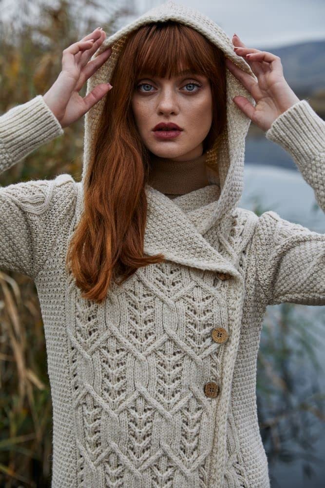 SAOL 100% Merino Wool Women Cardigan Butonned with Hood Aran Leaf Coat Made in Ireland