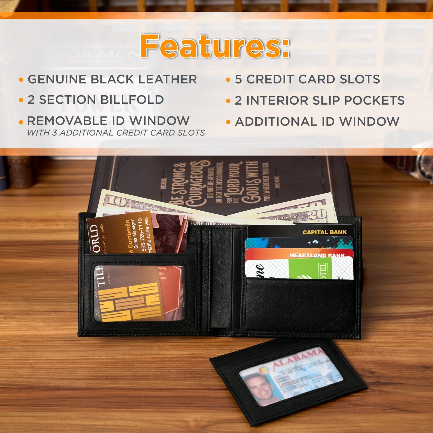 Christian Art Gifts Genuine Premium Full Grain Leather RFID Blocking Silver Engraved Cross Wallet for Men: Multi Pocket Billfold w/Removable ID Window Accessory for Credit Cards, Bills, Photos, Black