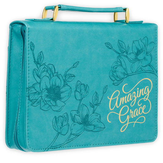Christian Art Gifts Protective Teal Flower Faux Leather Bible Cover Carry Case with Handle for Women: Amazing Grace - Inspirational Song and Hymn Zippered with Pocket
