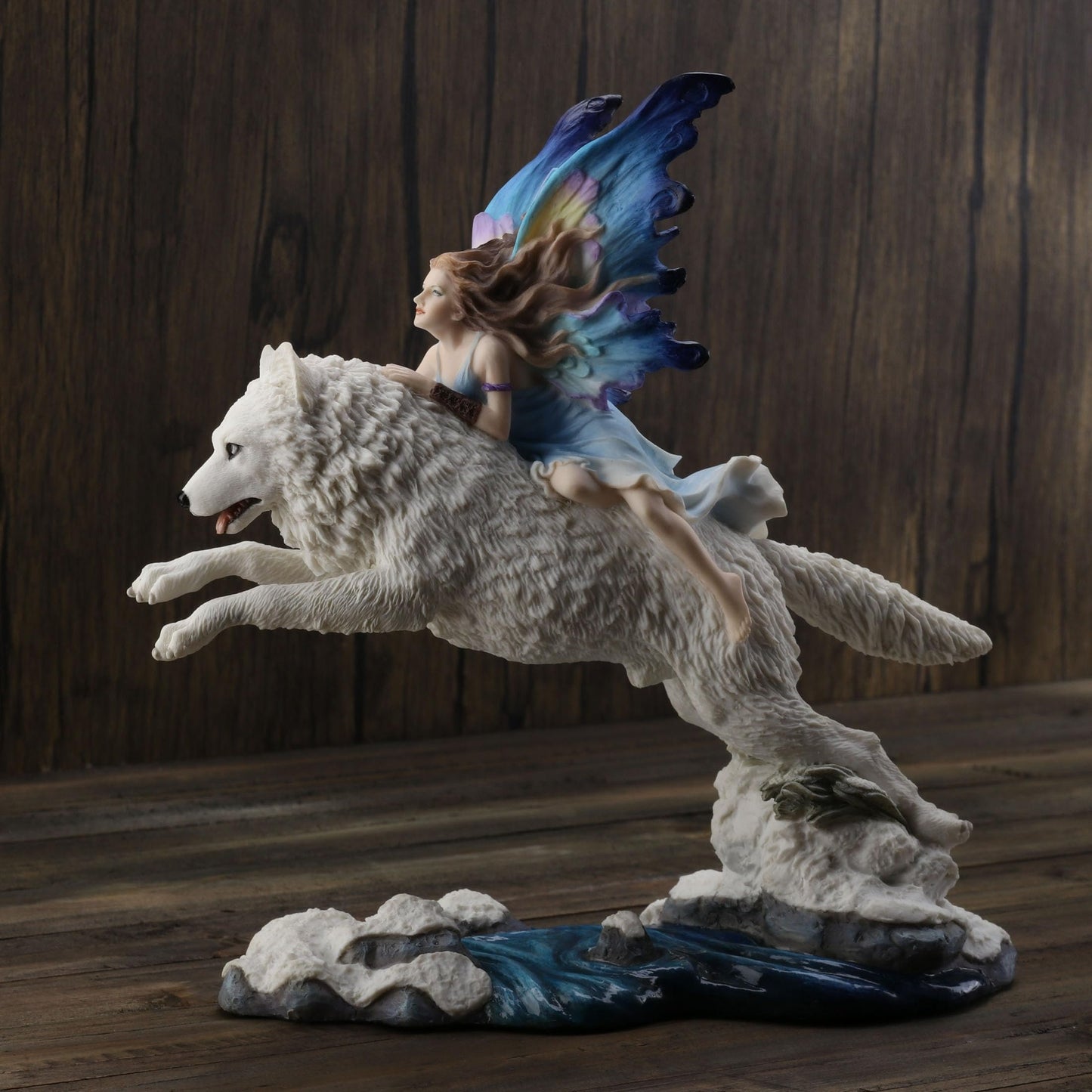 Unicorn Studio Fairy Riding On Leaping Arctic White Wolf Hand Painted Resin Figurine