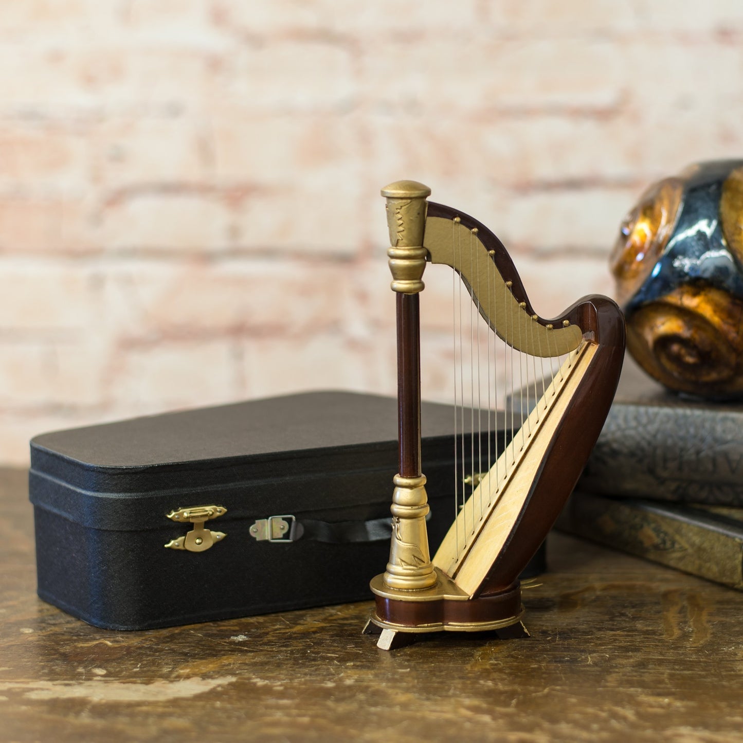 Broadway Gift Harp Miniature Replica Rich Wood & Gold Tone 6 x 8 Resin Stone Tabletop Figurine