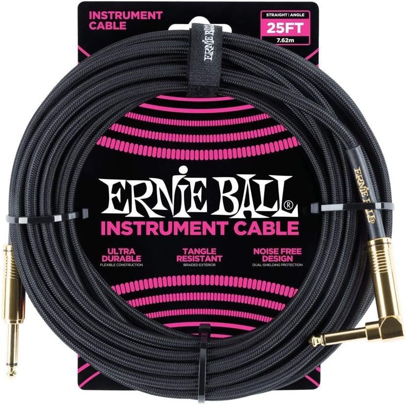 Ernie Ball Braided Instrument Cable Set Straight/Angle Length 25ft in Black (P06058) - Pack of 2