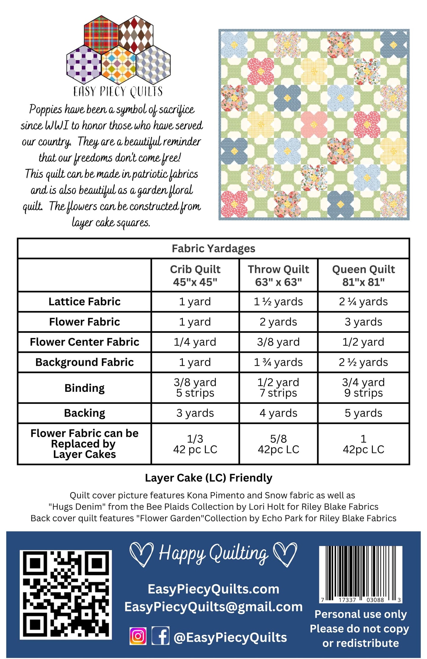 Easy Piecy Quilts Poppy Quilt Pattern - Multi-Colored - Quilt Pattern - Paper - Crib, Queen - Patriotic & Garden Floral - Layer Cake Friendly