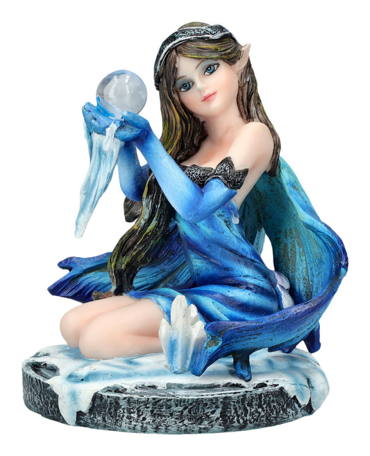 Pacific Giftware 3" Blue Ice Fairy Figurine with Crystal Ball and Frost Accents Small Fairy Statue Perfect for Tabletop Decor and Fantasy Collection