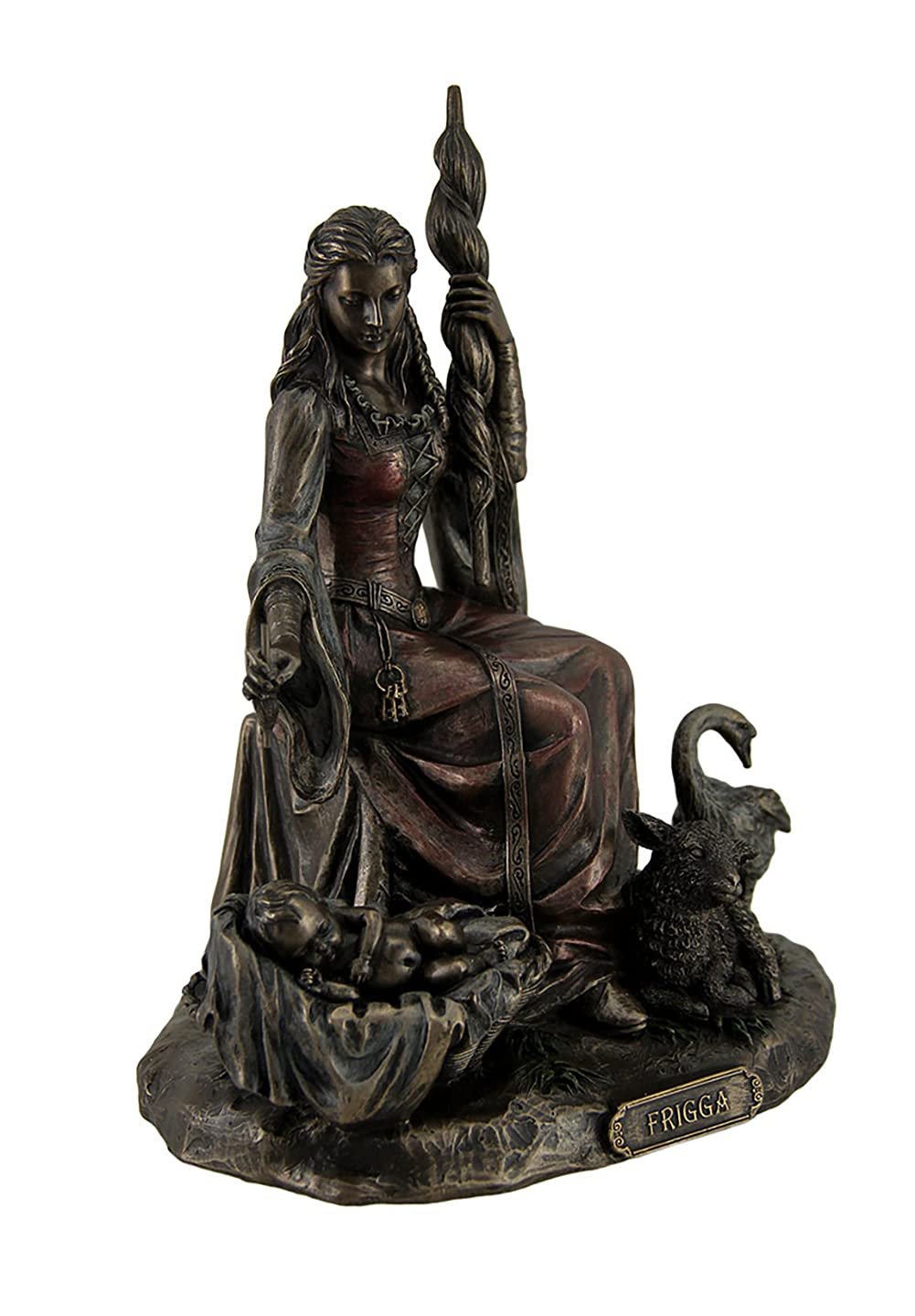 Resin Statues Frigga Norse Goddess Of Destiny Love And Marriage W/Infant Animals & Spindle 6 X 7.75 X 4.5 Inches Bronze