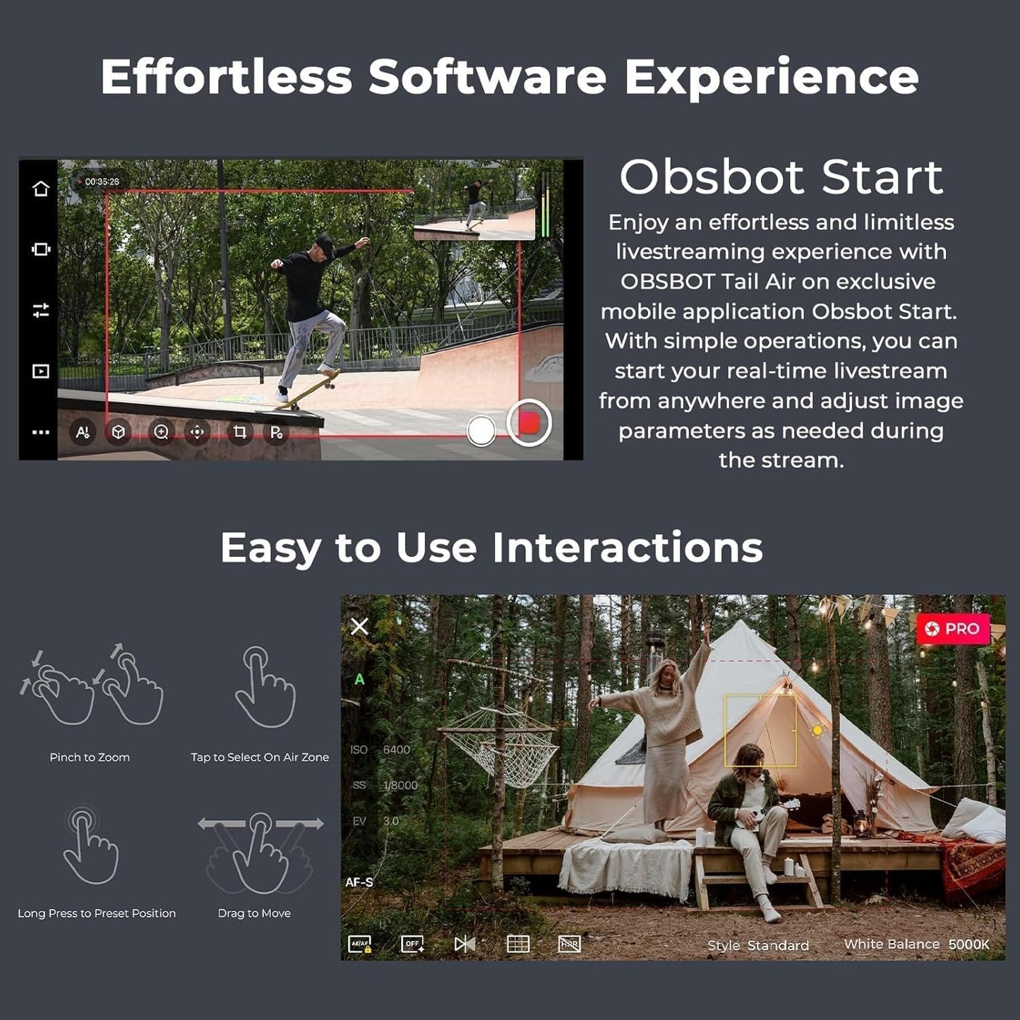 OBSBOT Tail AIR NDI Streaming PTZ Camera, 4K Webcam with AI Tracking, 1.8" CMOS, f/1.8 Aperture, Gesture & Remote Control, Wired&Wireless Connection, LiveStream for Church, Music Live.