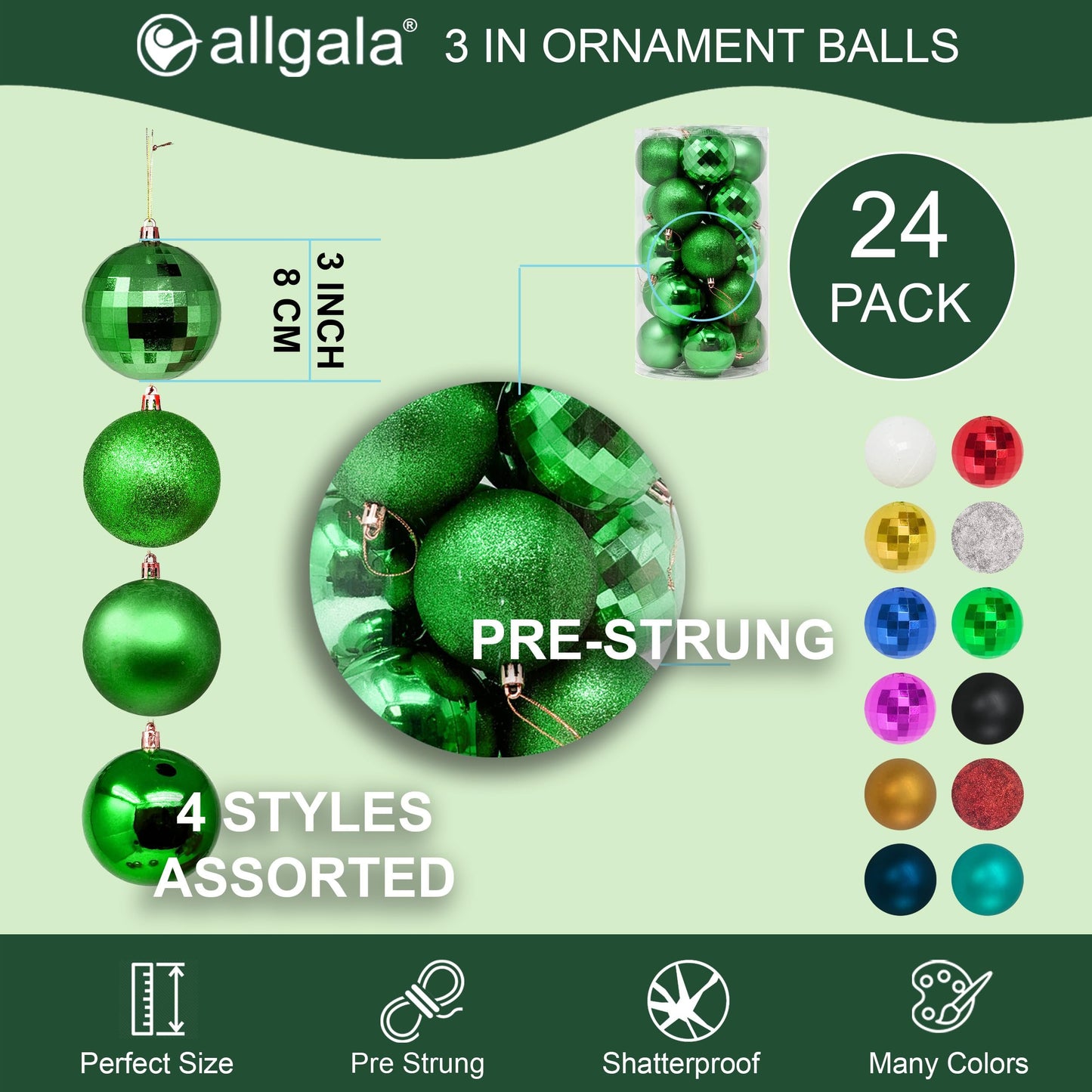 allgala 20 PK 3 Inch (8CM) Large Christmas Ornament Balls for Xmas Tree-4 Style-
