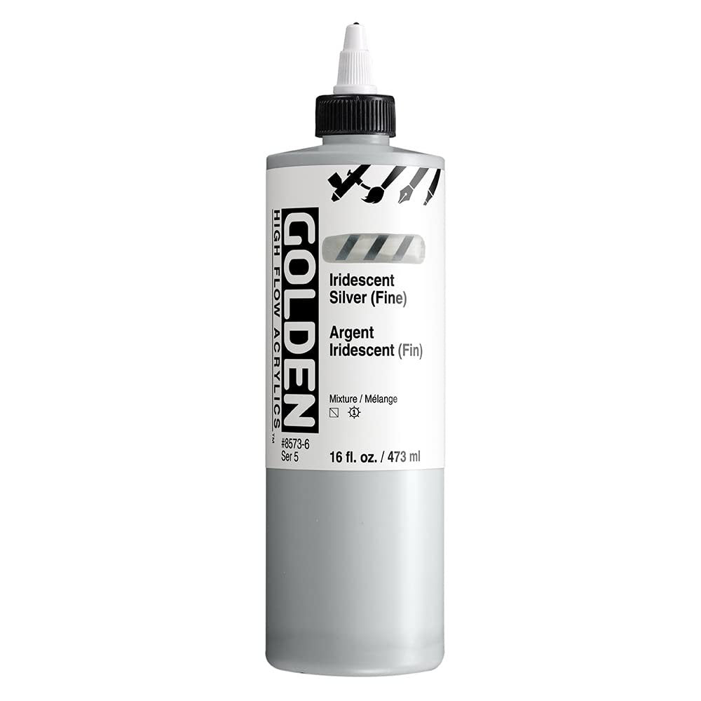 GOLDEN High Flow Acrylics, Iridescent Silver (Fine), 16 fl. oz. Bottle, Professional Acrylic Paint, Semi-Transparent