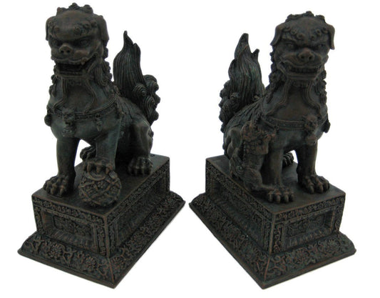 YTC Summit International, Inc. Pair of Chinese Lions Stone Guardian Statue on Engraved Base Figurines Set of 2