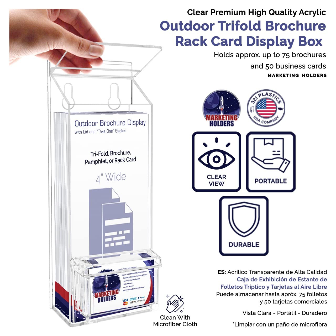 Marketing Holders Outdoor Brochure Holder Holds 9” x 6” Booklets and Bifolds Wall Mount Clear Acrylic Box with Lid Store Front Pamphlet Display Take One Organizer Bin