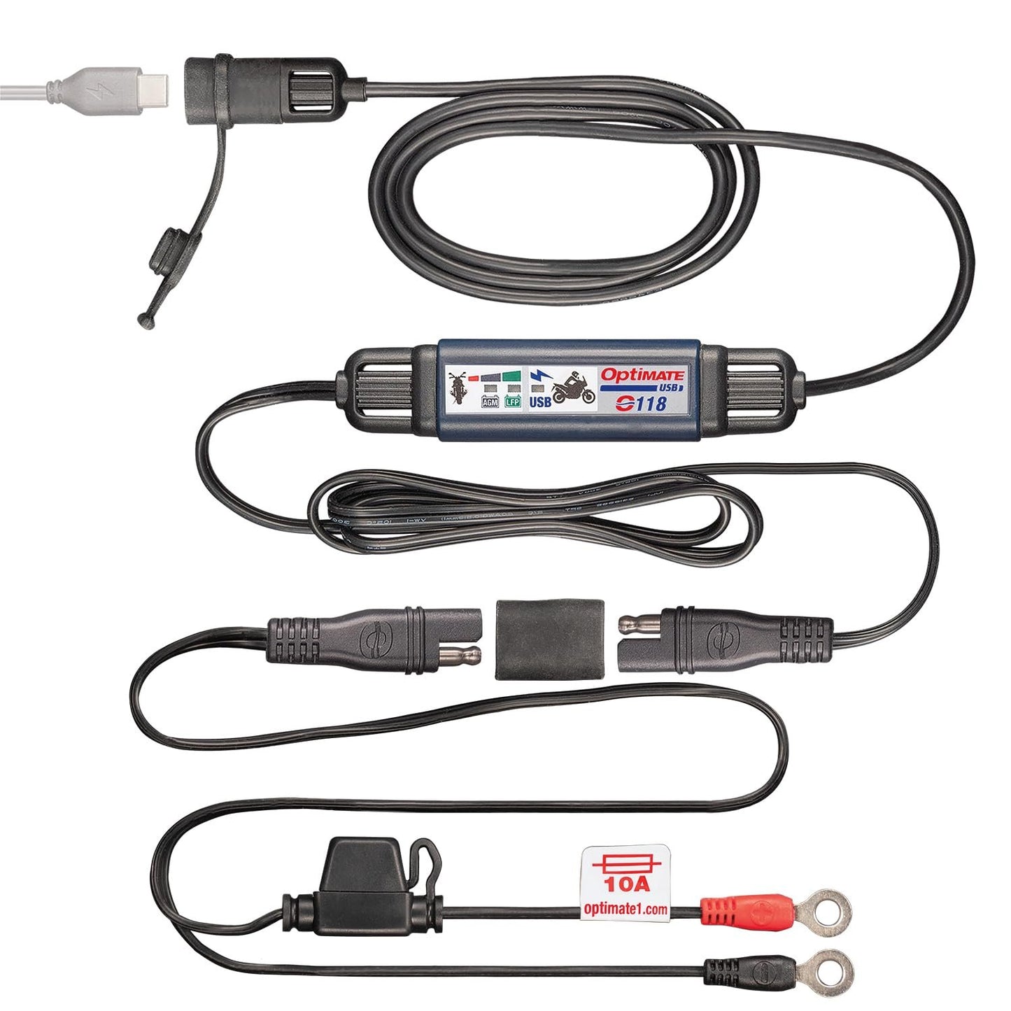 OptiMate USB O-118, Smart in-line 3300mA Motorcycle USB-C Charger, with Standby Mode and Vehicle Battery Monitor