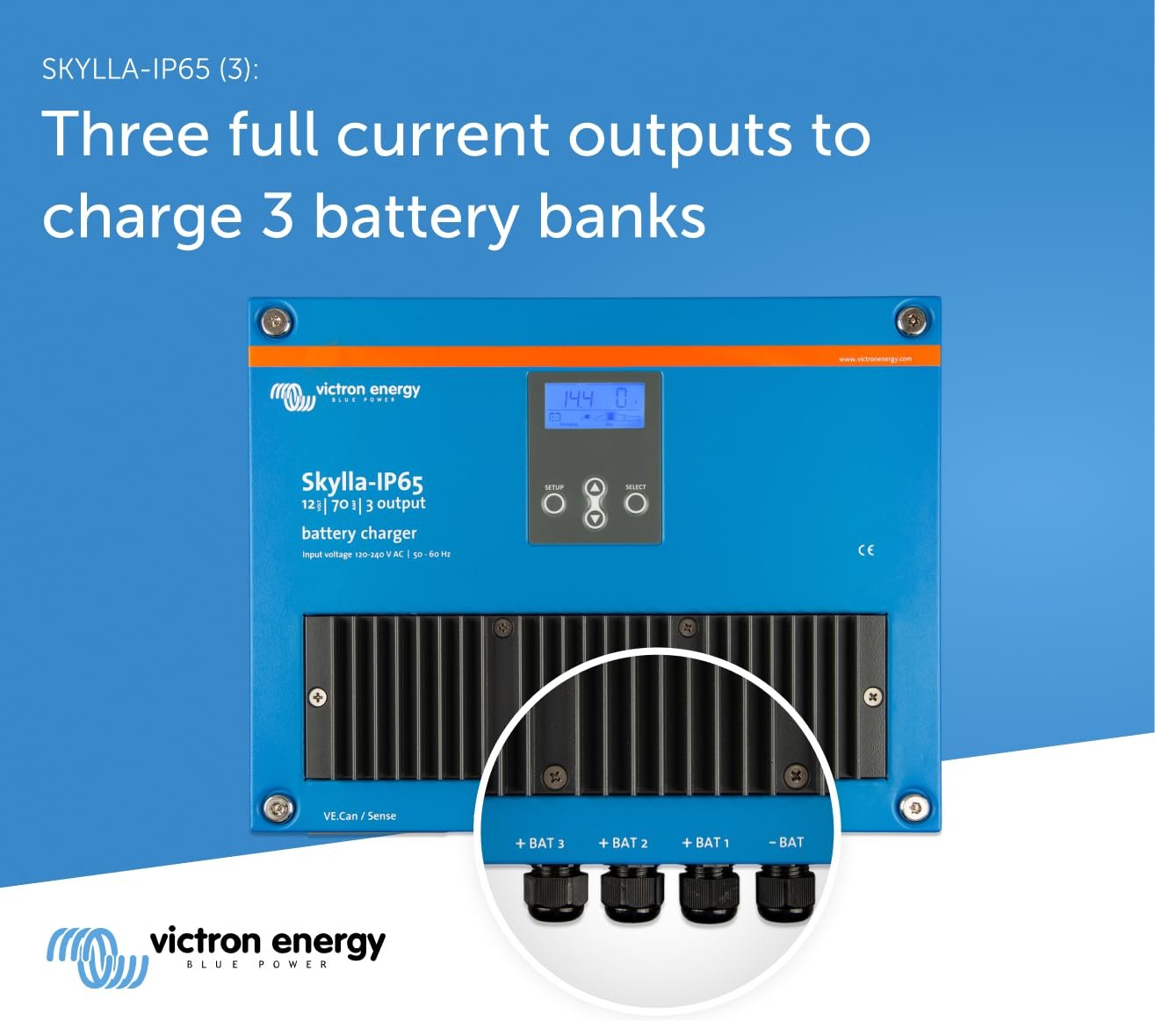 Victron Energy Skylla-IP65 12-Volt 70 amp 120-240VAC Battery Charger, 3 Isolated Outputs