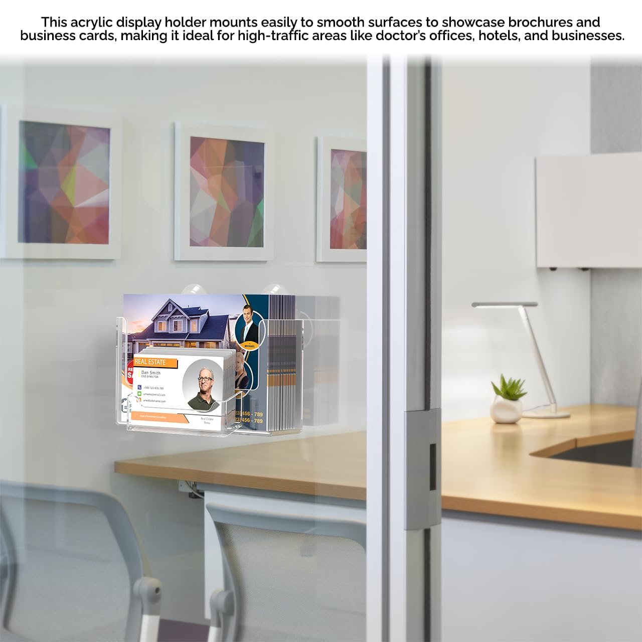 Postcard Holder with Suction Cup Hooks Window Mount Holds 6 Inch Wide Advertisements and 3.5" x 2" Business Cards Clear Acrylic Organizer for Tradeshows Expos and Conventions by Marketing Holders