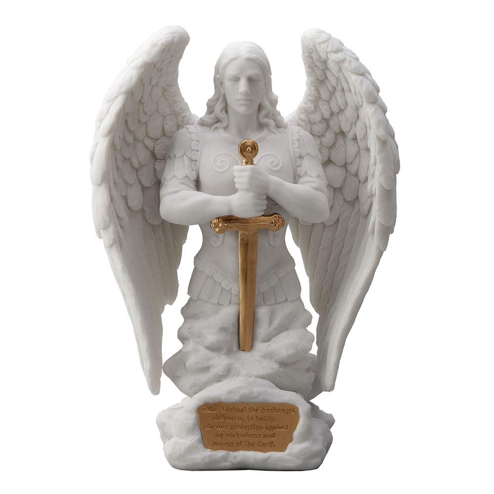 Veronese Design 9 1/8 Inch Saint Michael Prayer Archangel Monument Resin Sculpture White Marble Finish with Golden Accent Angel Statue