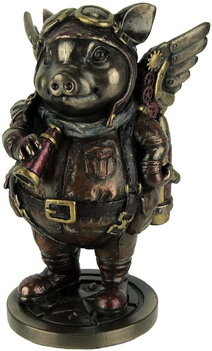 Veronese Design 5 1/4" Steampunk Aviator Flying Pig Resin Figurine Bronze Finish