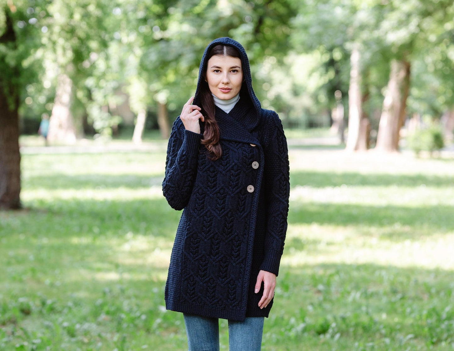 SAOL 100% Merino Wool Women Cardigan Butonned with Hood Aran Leaf Coat Made in Ireland