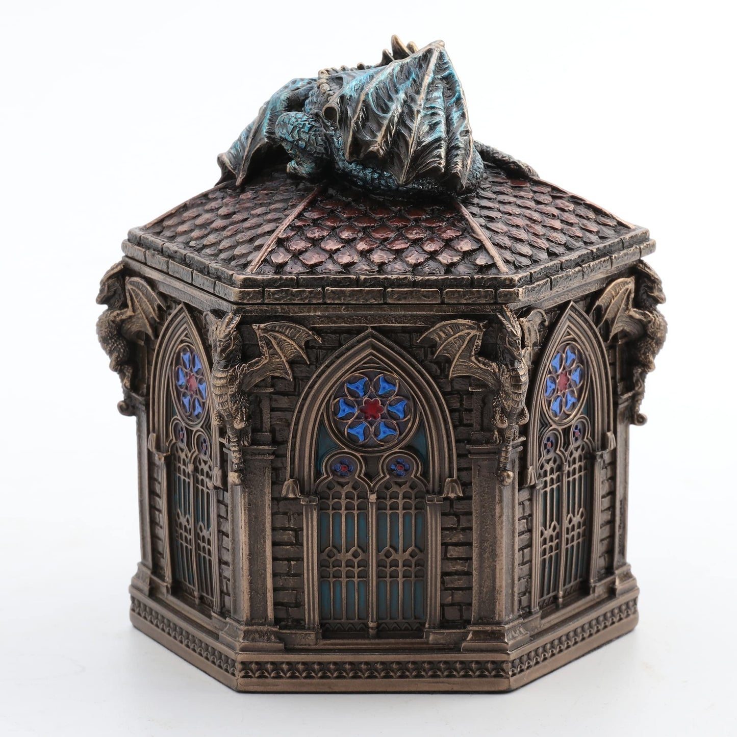 Veronese Design 4 7/8 Inch Resting Cathedral Dragon Hexagon Trinket Box Cold Cast Resin Bronze Finish