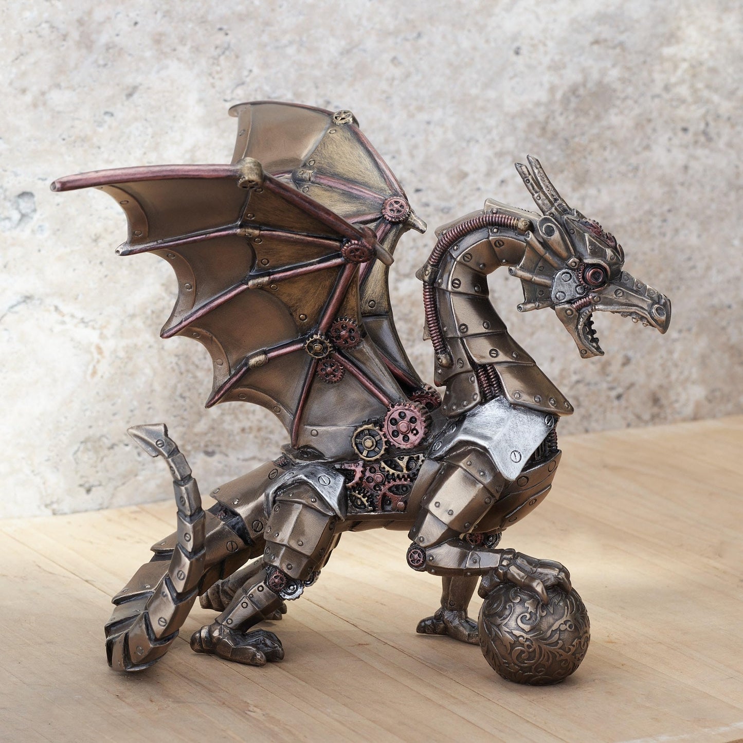 Veronese Design Steampunk Dragon Holding Orb Cold Cast Resin Bronze Finish Statue
