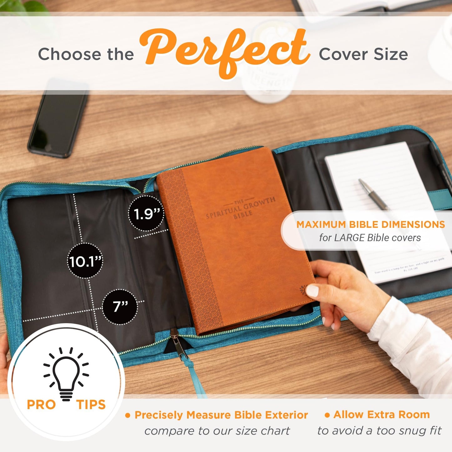 Christian Art Gifts Faith Badge Floral Women's Tri-Fold Organizer Bible Cover Zipper Closure, Teal Canvas, Large