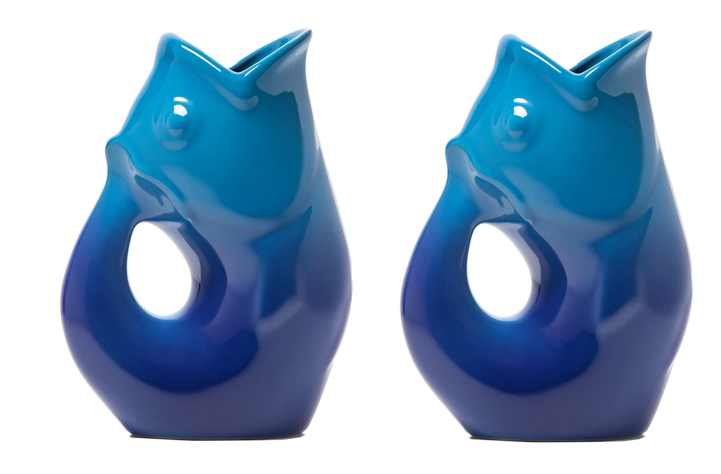 Gurgle Pot Fish Pitchers - 2 Pack, Ombre Cobalt or Gradient Blue. Great Party Pitcher. Alternatively use as Flower Vase