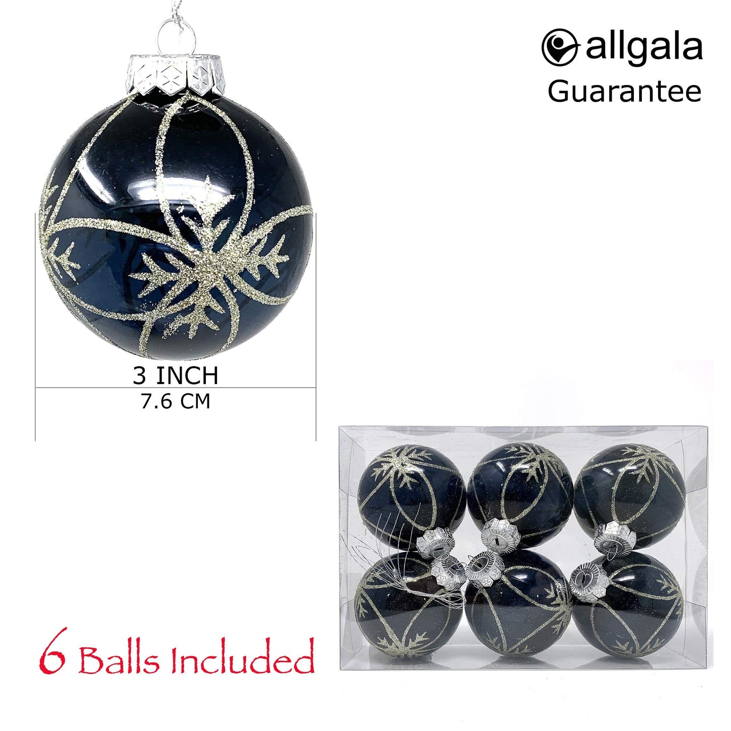 allgala 6-PK 3 Inch Luxury Glitter Rich Decoration Christmas Tree Ornament Balls