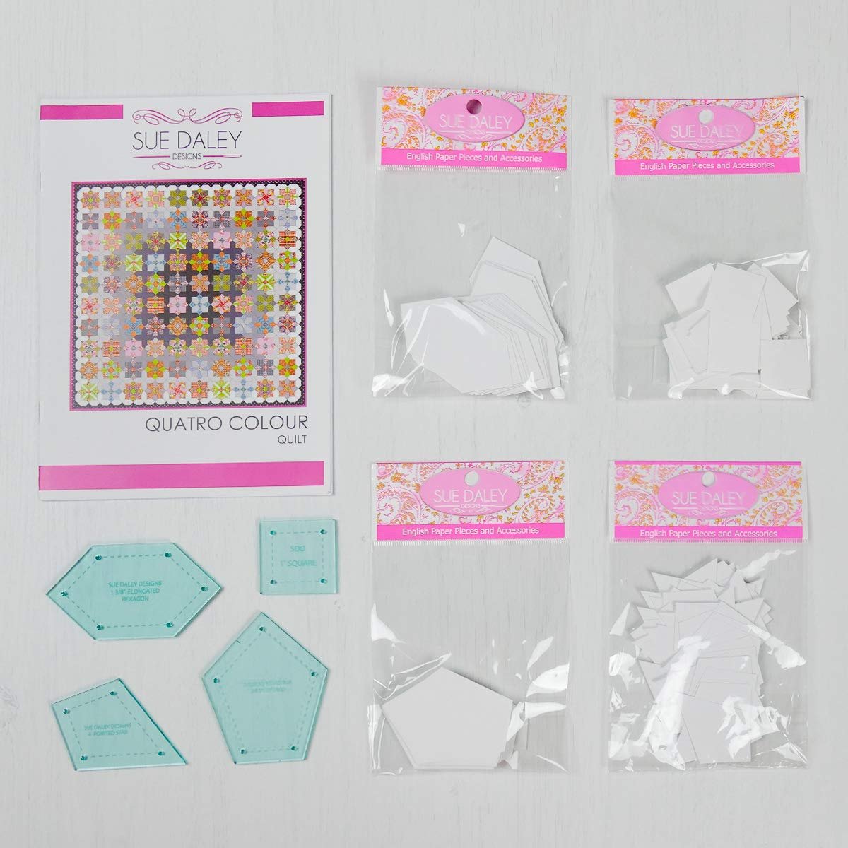 Quatro Colour Quilt Pattern by Sue Daley Designs EPP English Paper Piecing Starter Kit Papers and Templates Patchwork Sewing