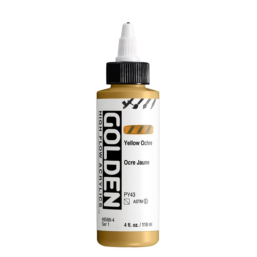 High Flow Acrylics by GOLDEN, Yellow Ochre, 4 fl. oz. Bottle, Professional Acrylic Paint, Semi-Transparent