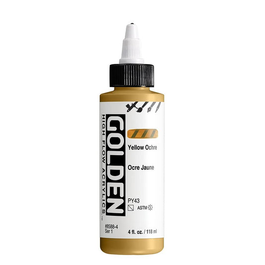 High Flow Acrylics by GOLDEN, Yellow Ochre, 4 fl. oz. Bottle, Professional Acrylic Paint, Semi-Transparent
