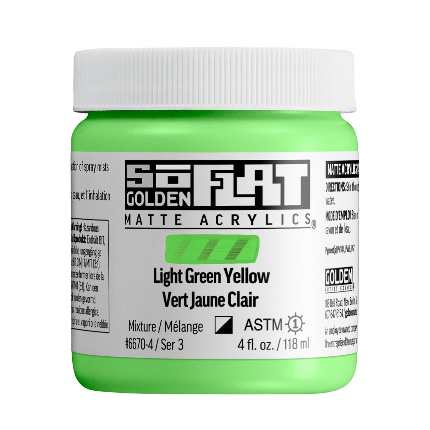 SoFlat Matte Acrylics by GOLDEN, Light Green Yellow, 4 fl. oz. Jar, Professional Acrylic Paint, Semi-Opaque