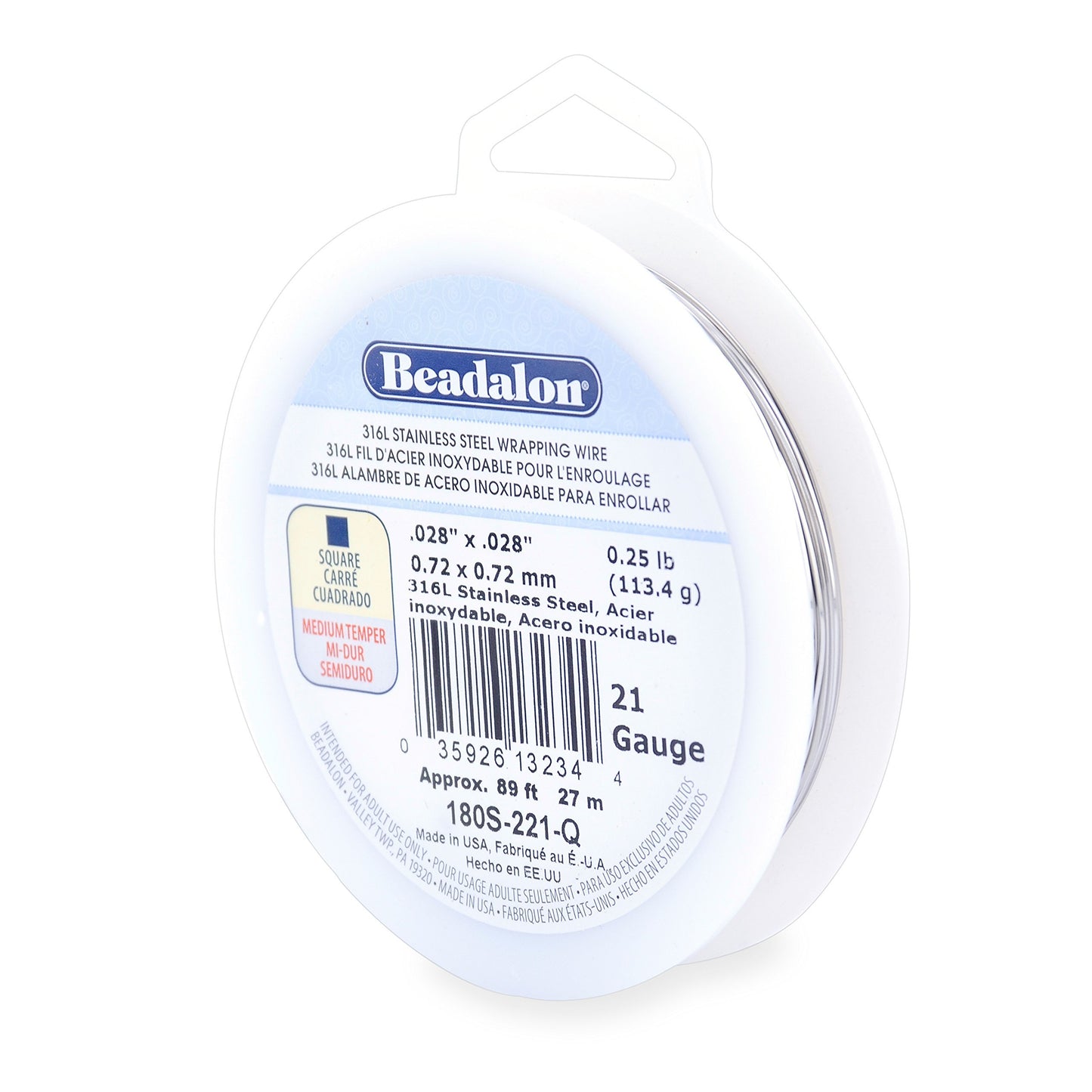Beadalon 316L Stainless Steel Wrapping Wire, Square, 21 Gauge, 89 feet, 1/4 Pound