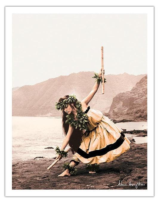 Pua with Sticks (Kala'au) - Hawaiian Hula Dancer - Vintage Hand Colored Photograph by Alan Houghton c.1960s - Fine Art Matte Paper Print
