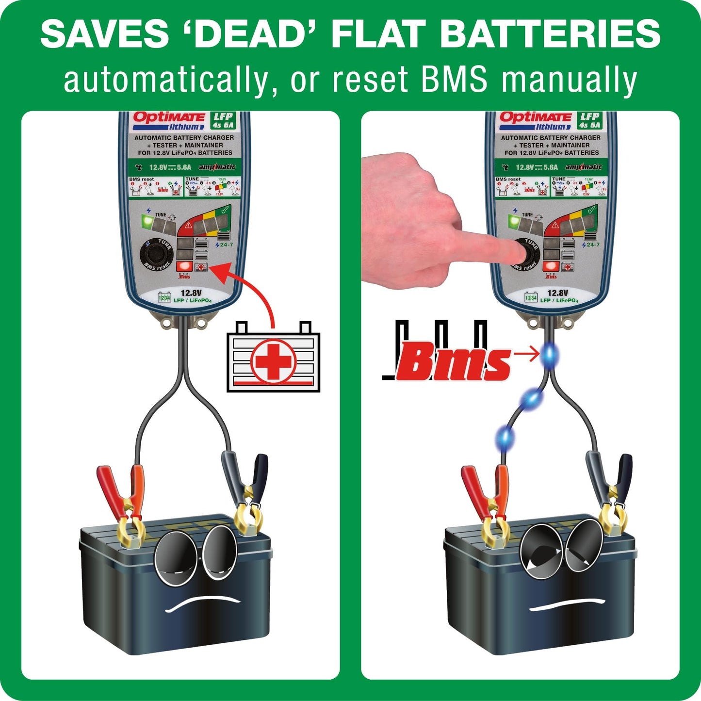 Tecmate OptiMate Lithium 4s 6A, TM391, 10-step 12.8V 6A Lithium Expert Battery Saving Charger & Maintainer, Blue/Green