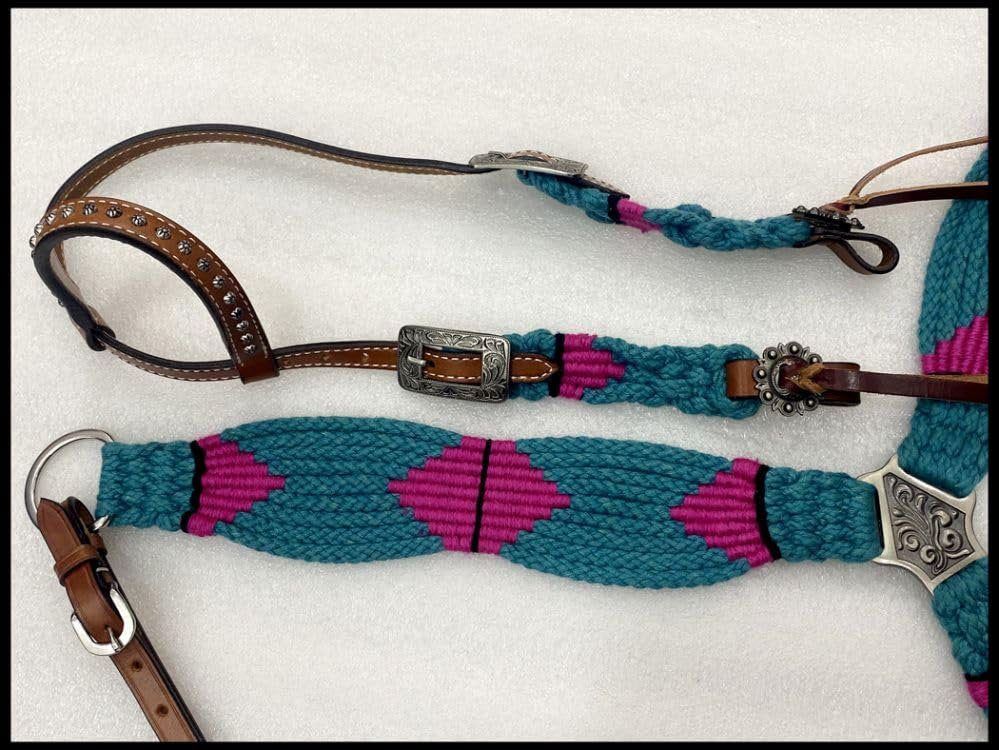 Showman Pink & Teal Corded Single Ear Headstall & Breast Collar Set